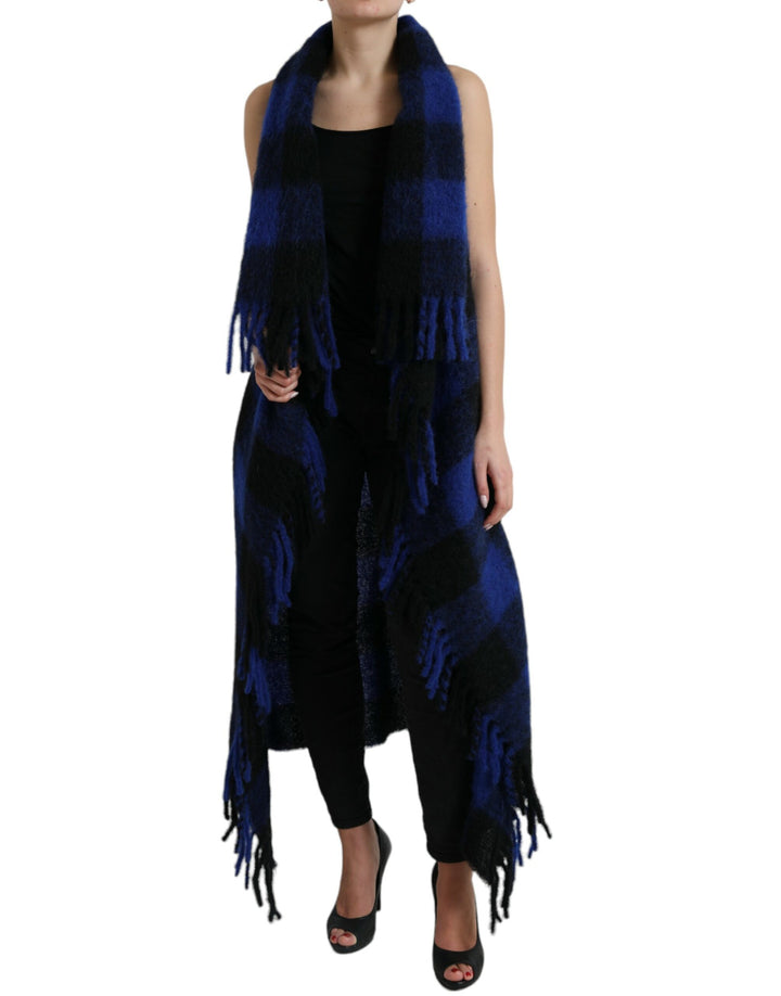 Schwarz Blau Büffelkaro Poncho Mantel Pullover