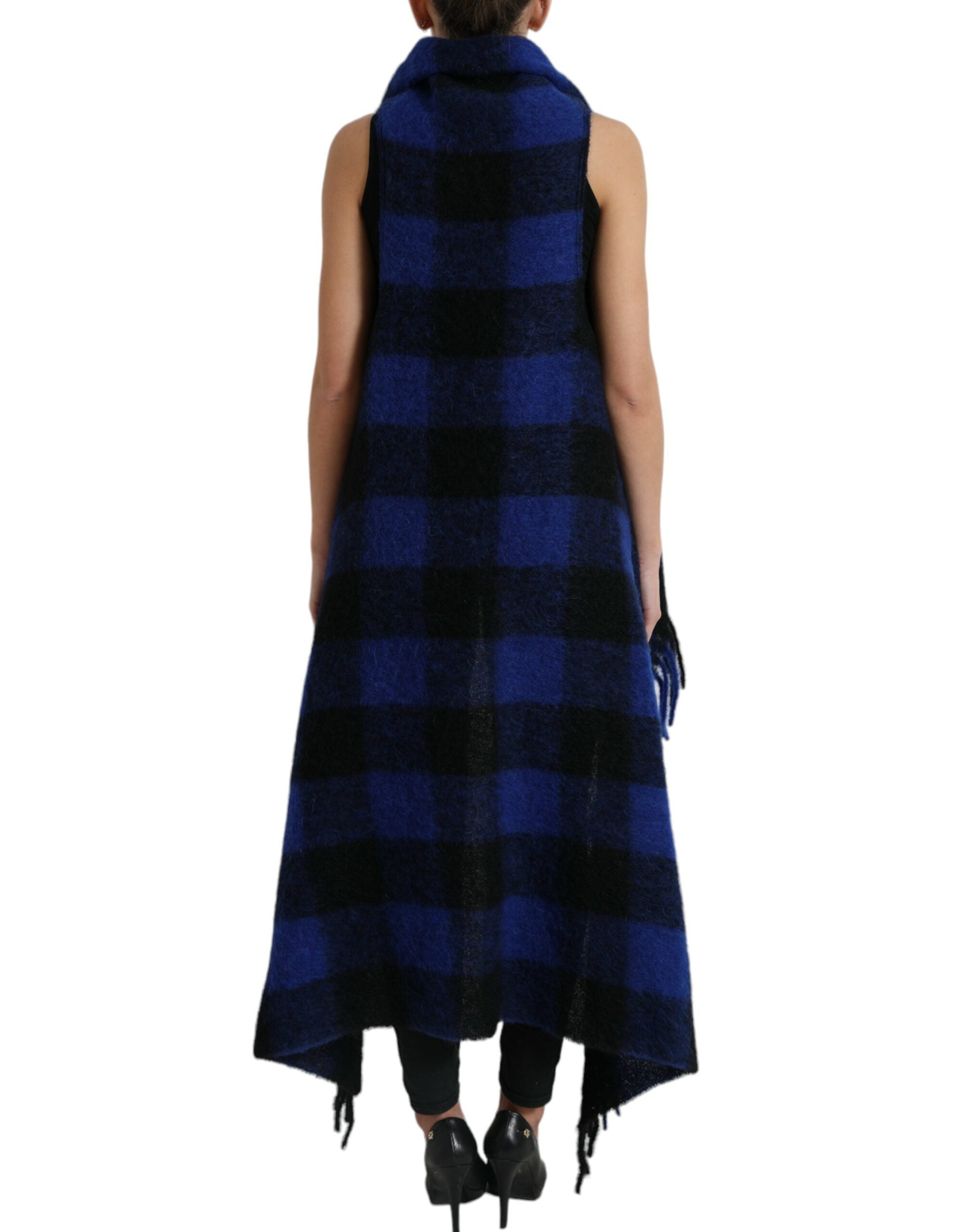 Elegant checked poncho cardigan with fringes