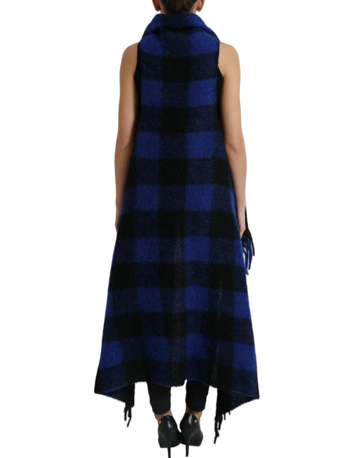 Schwarz Blau Büffelkaro Poncho Mantel Pullover