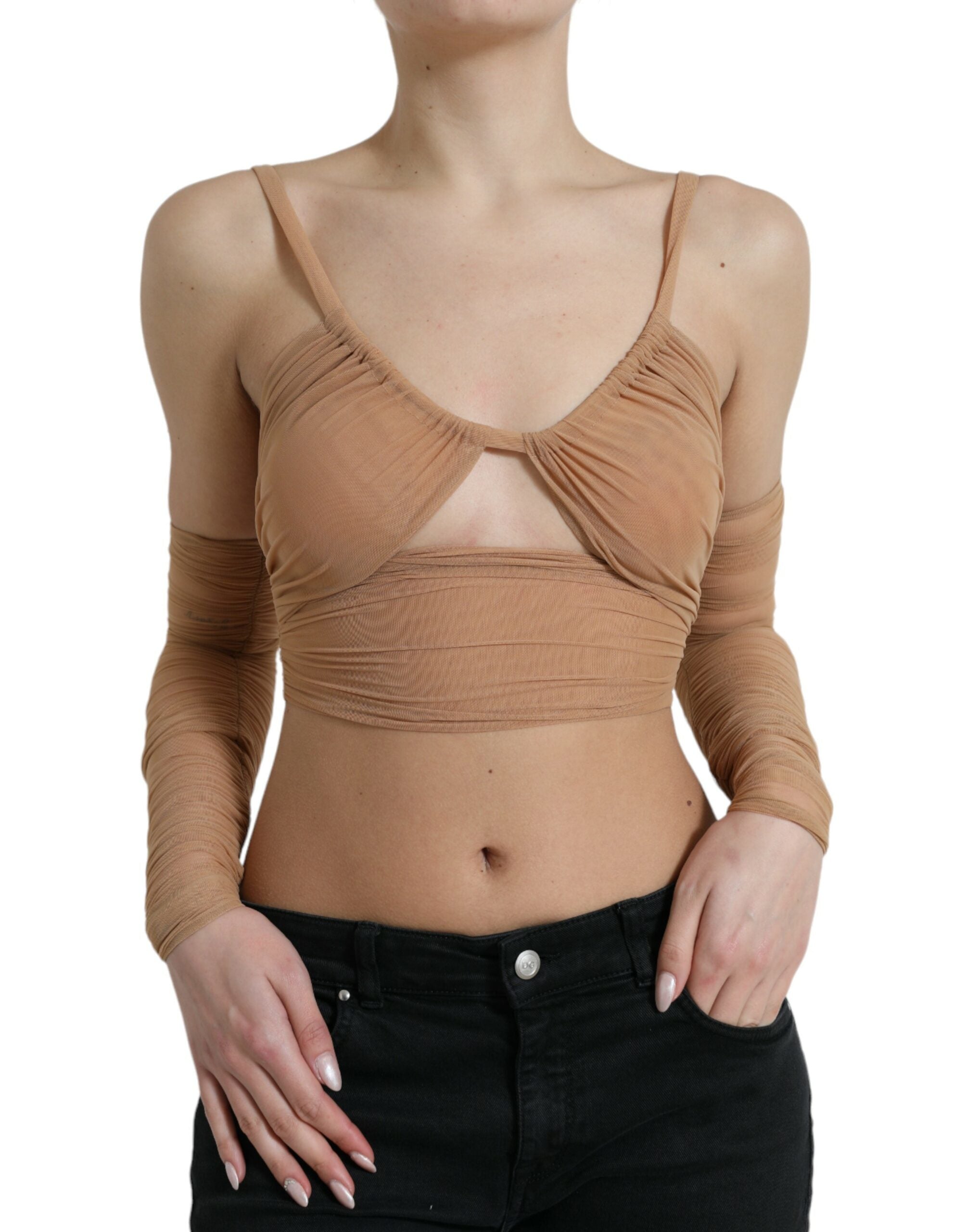 Elegant brown long-sleeved top with cut sleeves