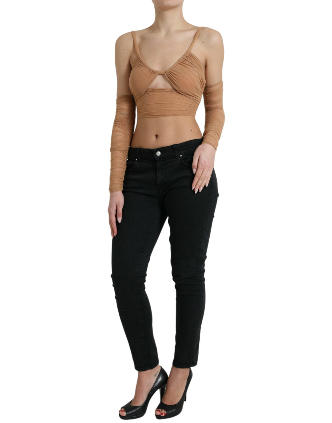 Braunes Nylon-Stretch-Top mit offener Schulterpartie
