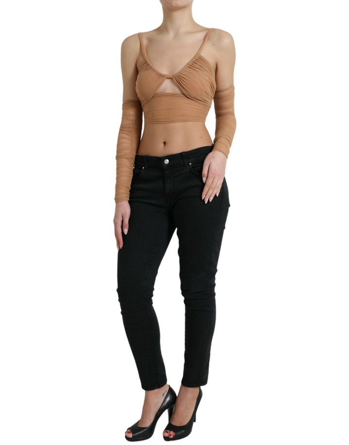 Braunes Nylon-Stretch-Top mit offener Schulterpartie