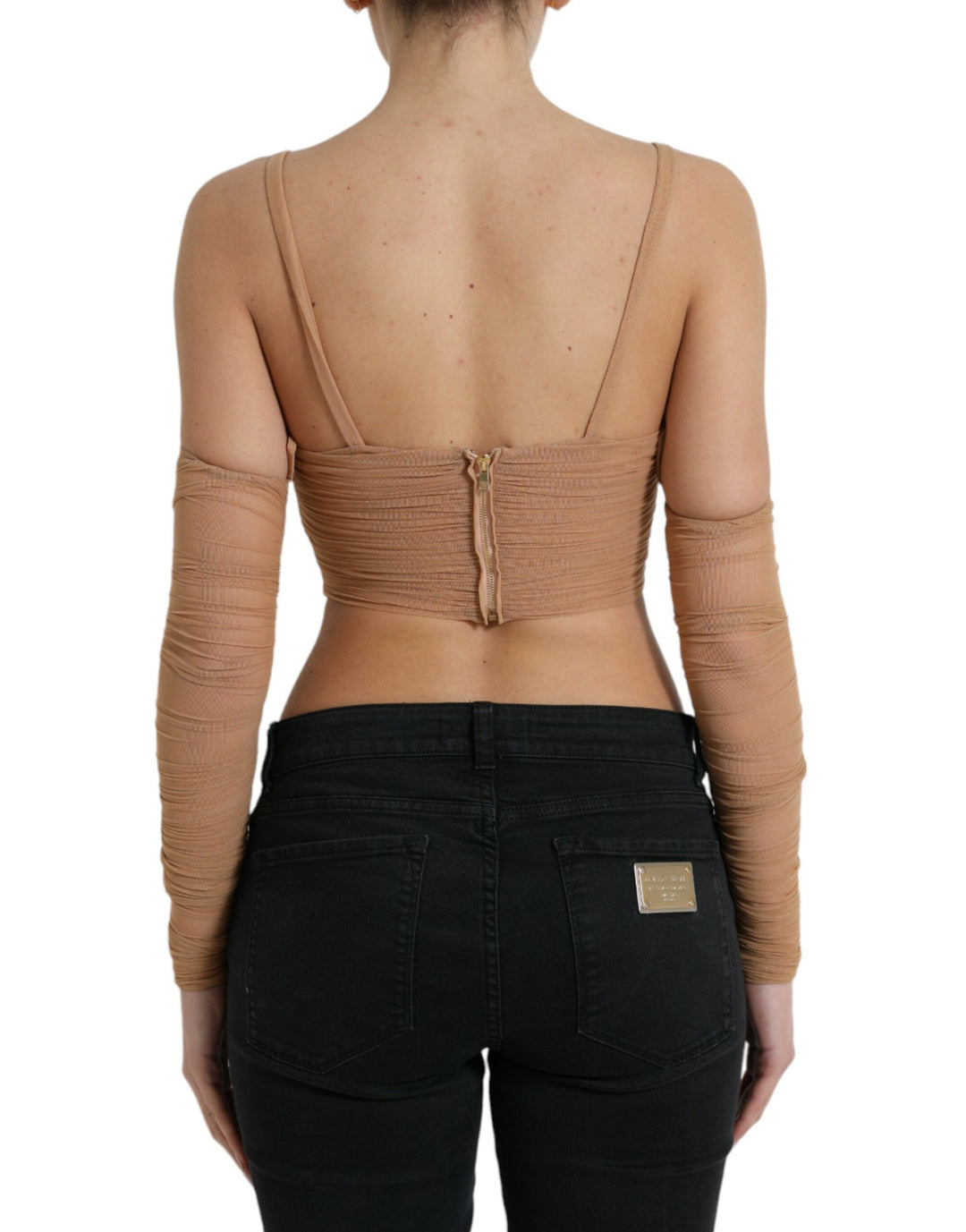 Braunes Nylon-Stretch-Top mit offener Schulterpartie