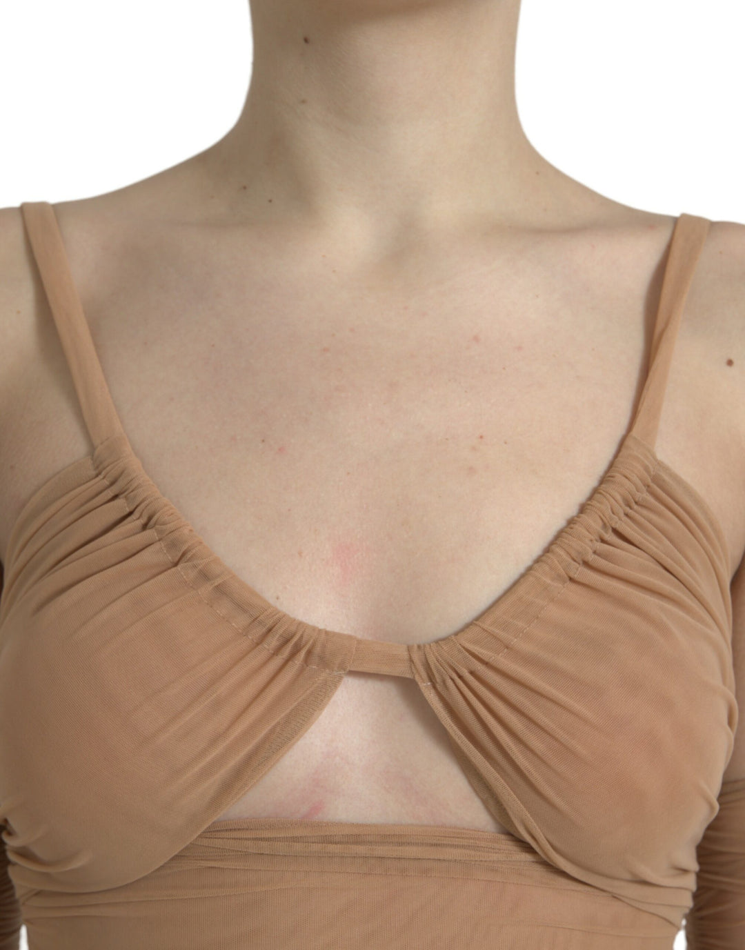 Braunes Nylon-Stretch-Top mit offener Schulterpartie