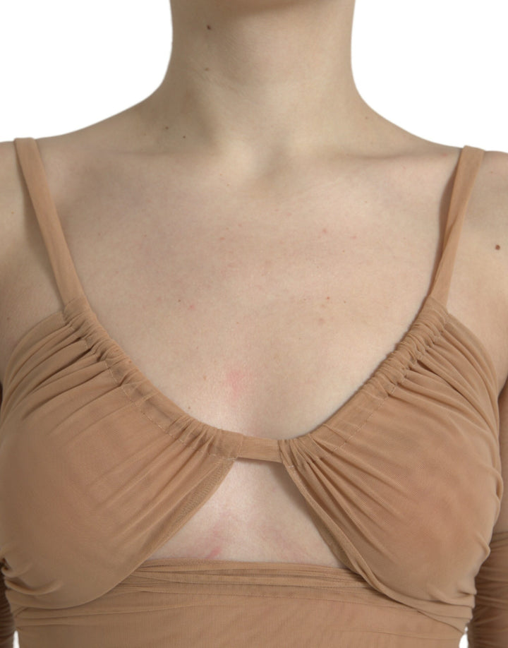 Braunes Nylon-Stretch-Top mit offener Schulterpartie