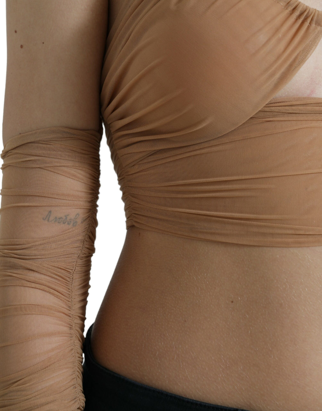 Braunes Nylon-Stretch-Top mit offener Schulterpartie