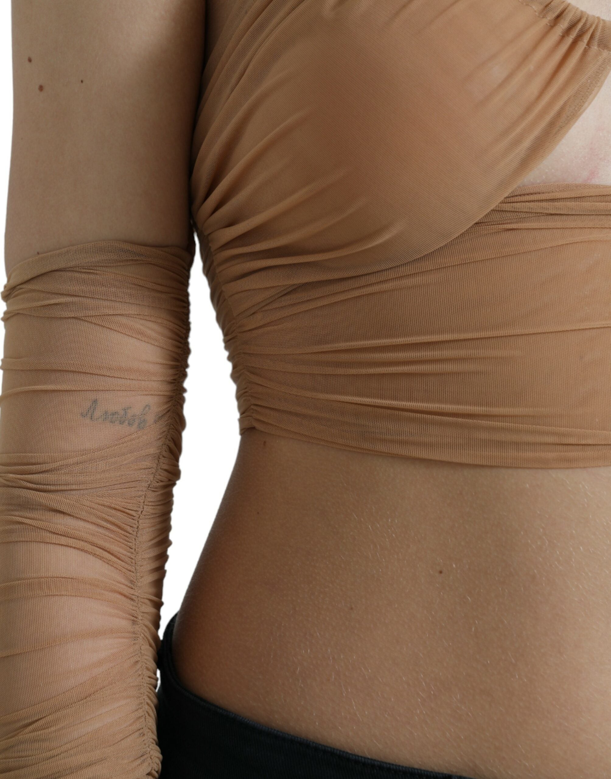 Elegant brown long-sleeved top with cut sleeves