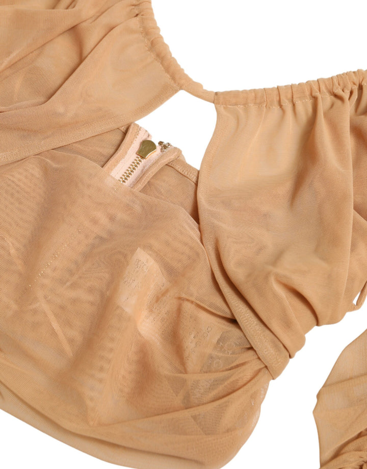 Braunes Nylon-Stretch-Top mit offener Schulterpartie