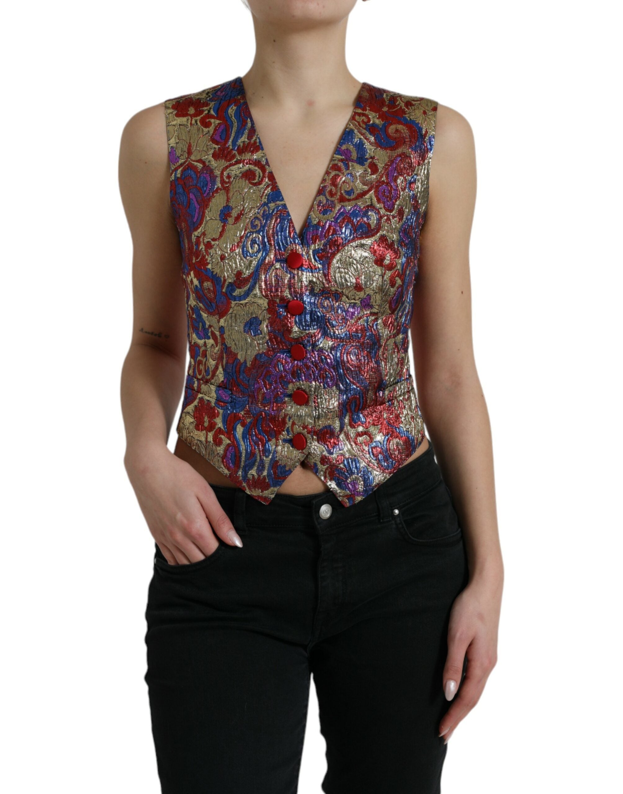 Multicolor Floral Print Jacquard Vest Waistcoat