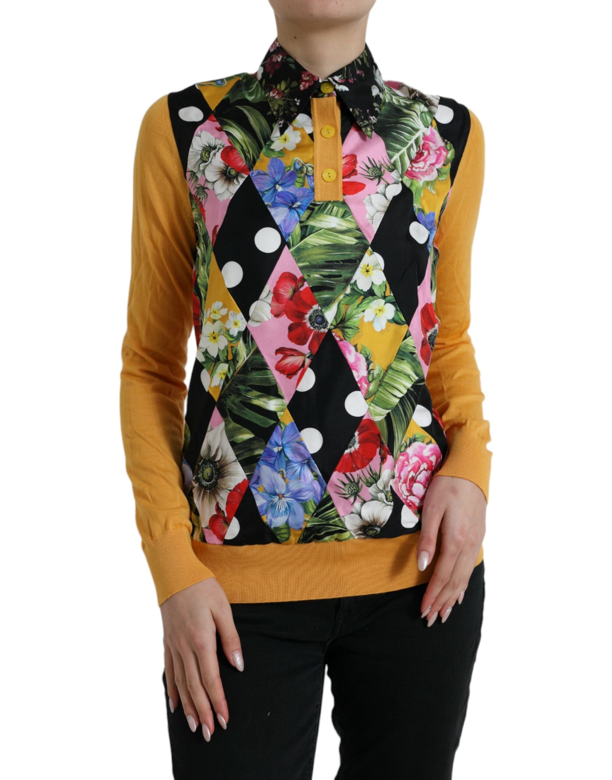 Elegant patchwork Henley sweater made of silk blend