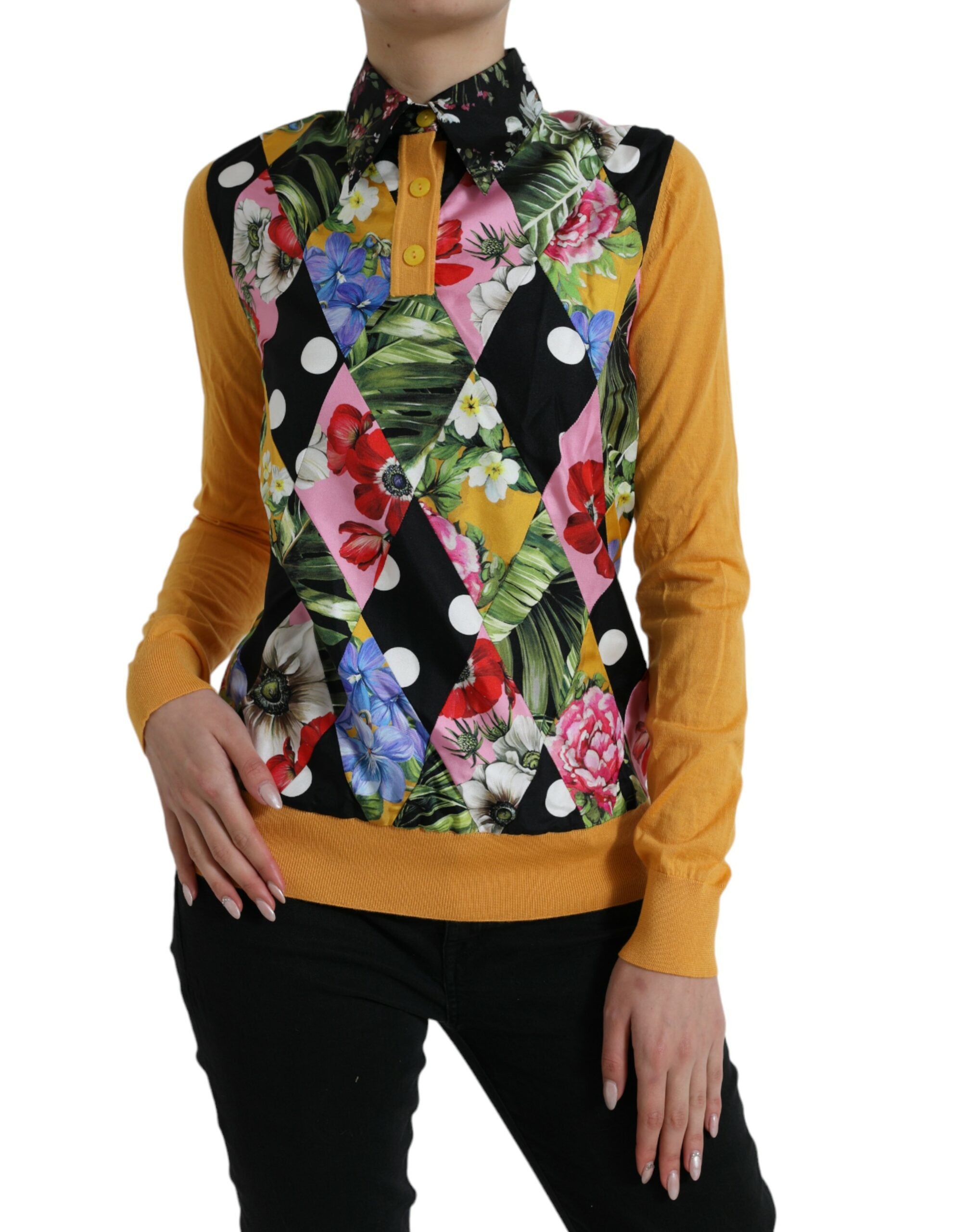 Elegant patchwork Henley sweater made of silk blend