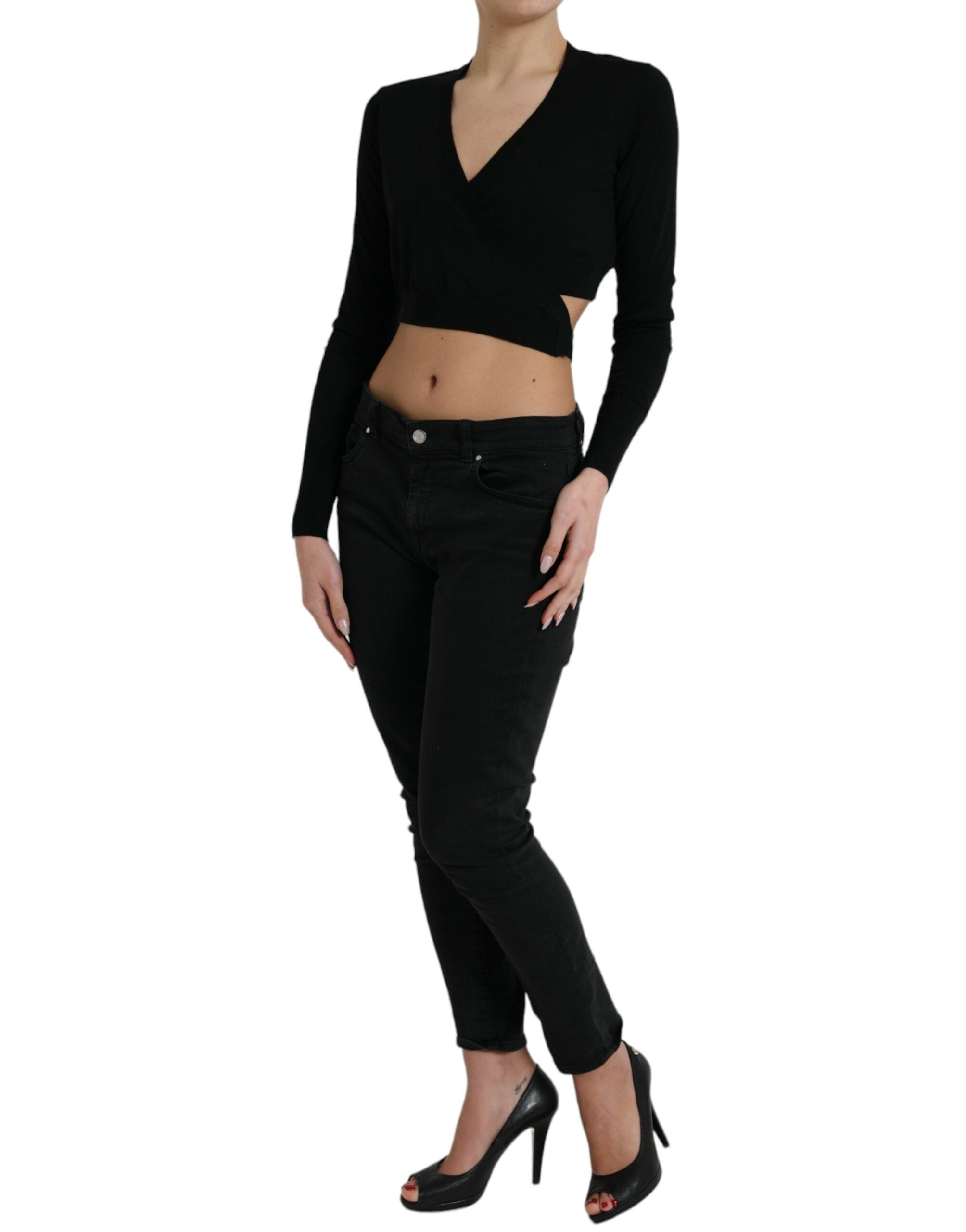 Elegant black virgin wool cardigan sweater