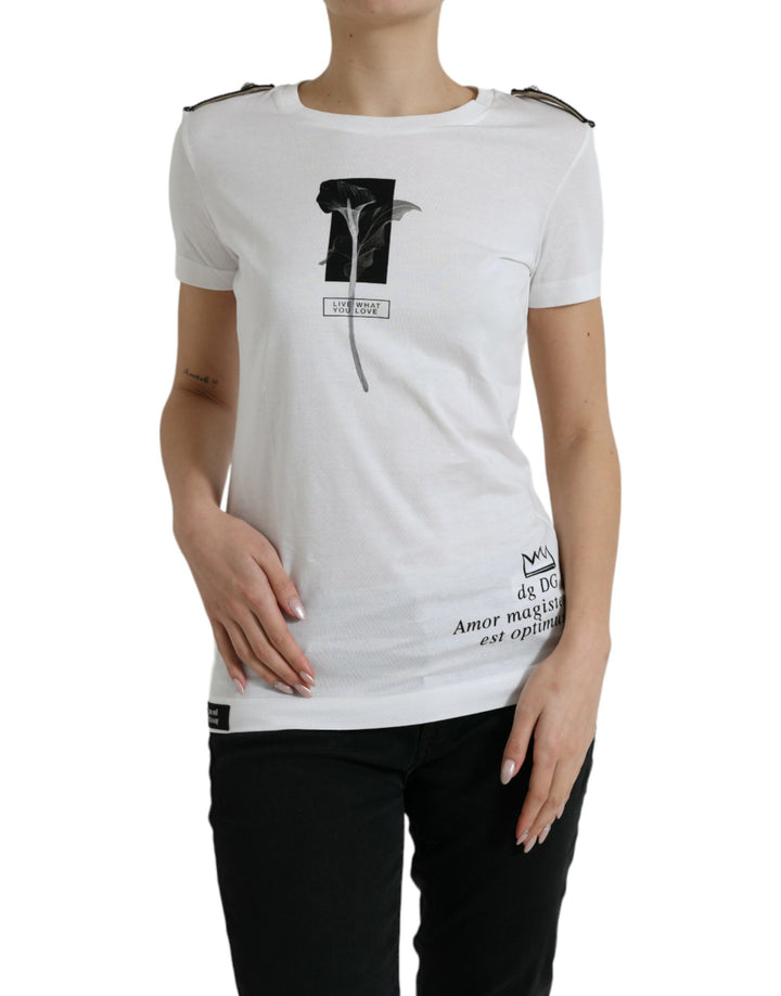 Weiß Schwarz Rosen Baumwoll-T-Shirt mit Rundhalsausschnitt
