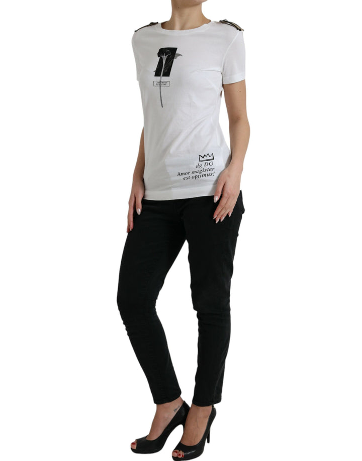 Weiß Schwarz Rosen Baumwoll-T-Shirt mit Rundhalsausschnitt