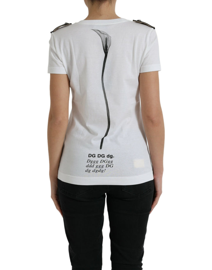 Weiß Schwarz Rosen Baumwoll-T-Shirt mit Rundhalsausschnitt