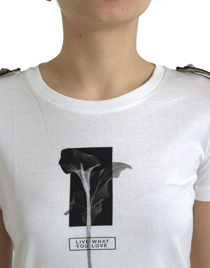Weiß Schwarz Rosen Baumwoll-T-Shirt mit Rundhalsausschnitt