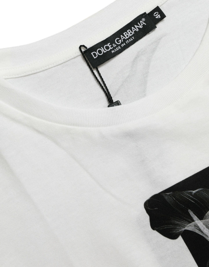 Weiß Schwarz Rosen Baumwoll-T-Shirt mit Rundhalsausschnitt
