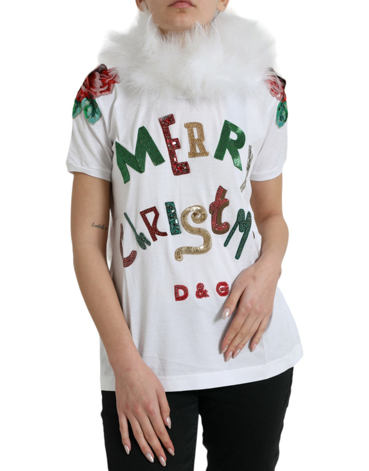 Weißes Baumwoll-Weihnachts-T-Shirt mit Paillettenpelz