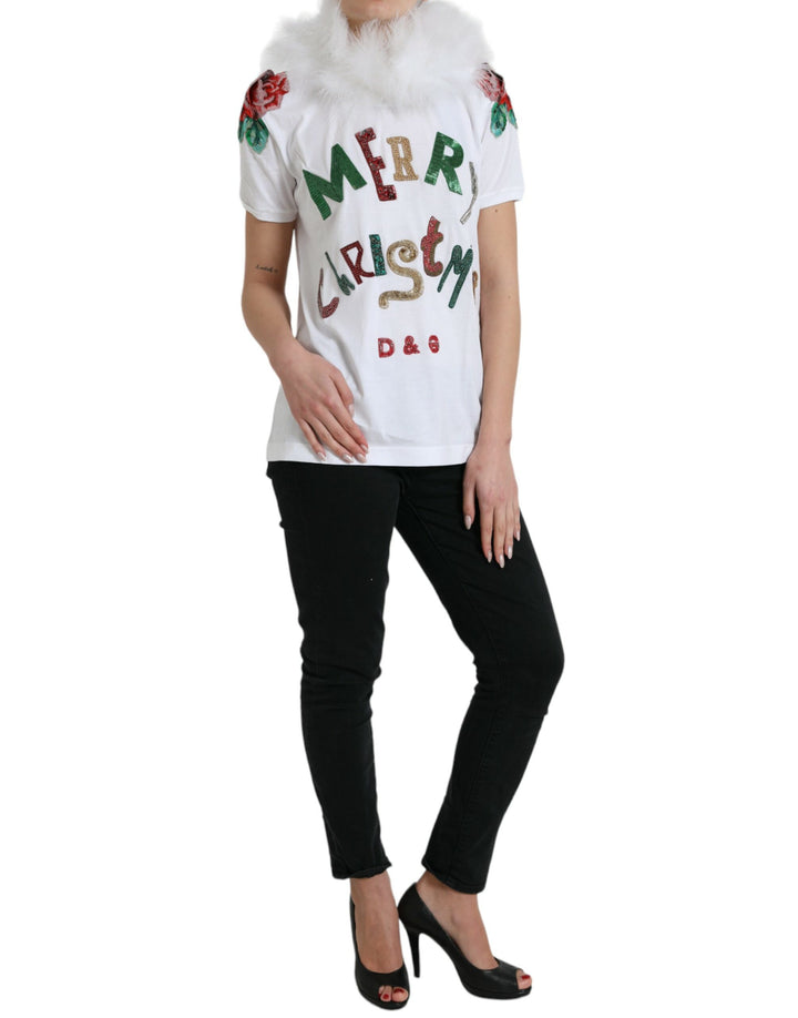 Weißes Baumwoll-Weihnachts-T-Shirt mit Paillettenpelz