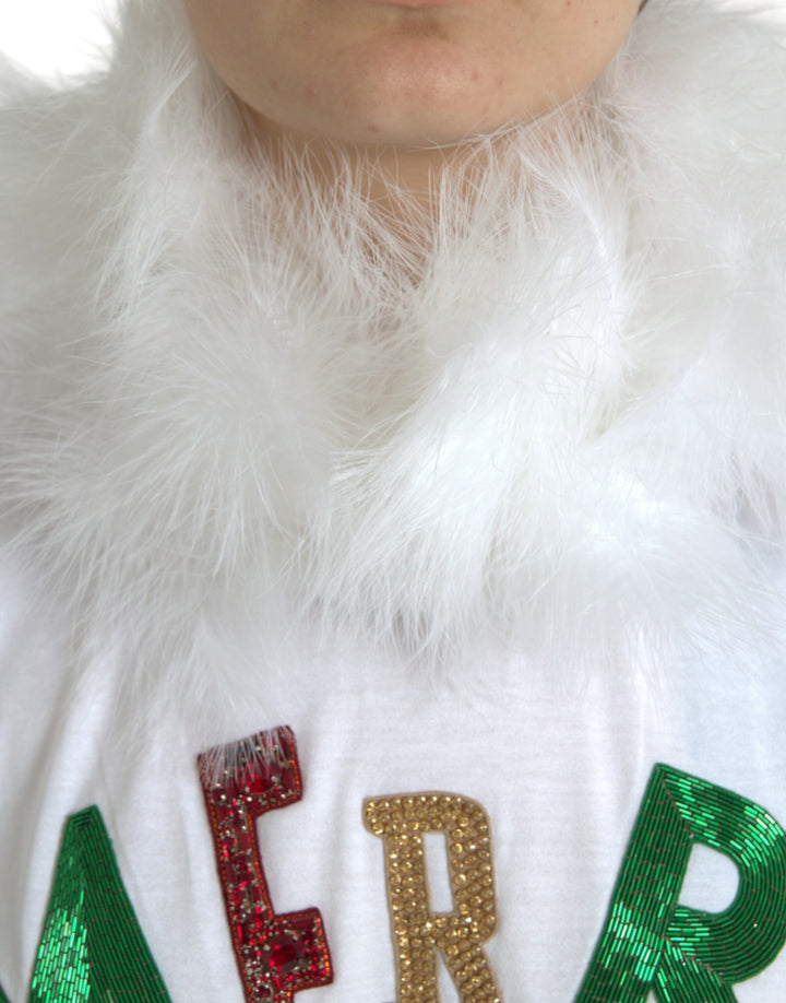 Weißes Baumwoll-Weihnachts-T-Shirt mit Paillettenpelz