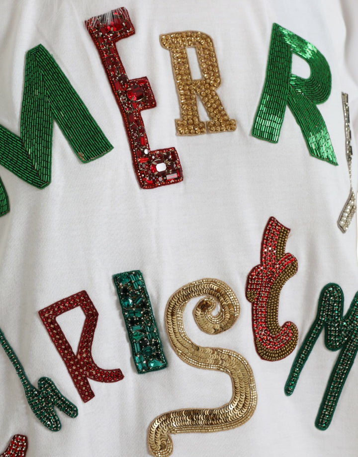 Weißes Baumwoll-Weihnachts-T-Shirt mit Paillettenpelz