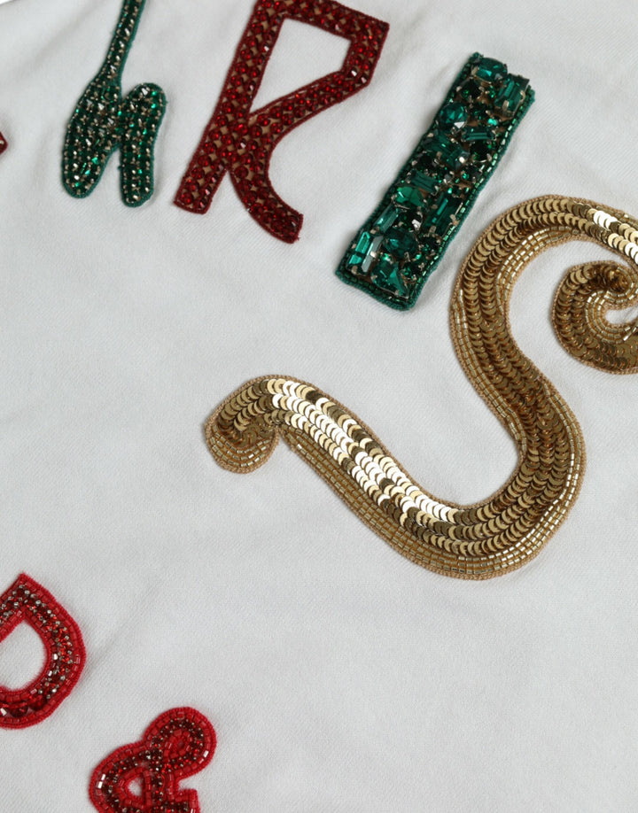 Weißes Baumwoll-Weihnachts-T-Shirt mit Paillettenpelz