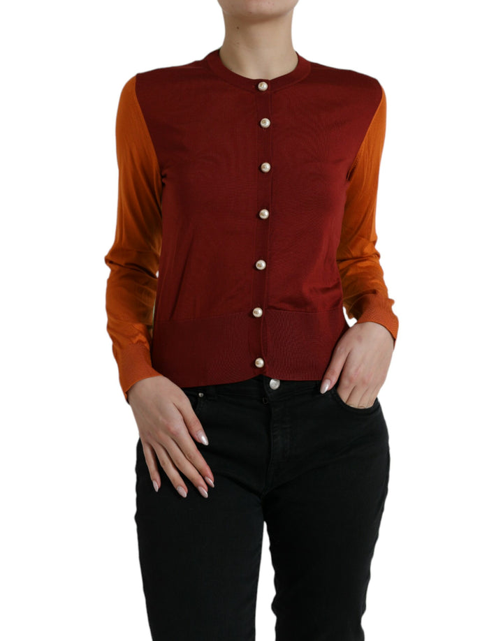 Mehrfarbige Strickjacke aus Seide mit Rundhalsausschnitt