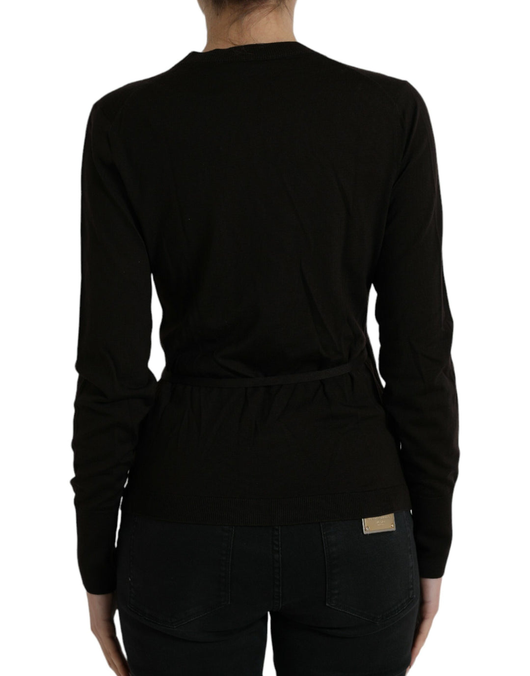 Schwarzer Wollpullover mit V-Ausschnitt und gekreuztem Kragen