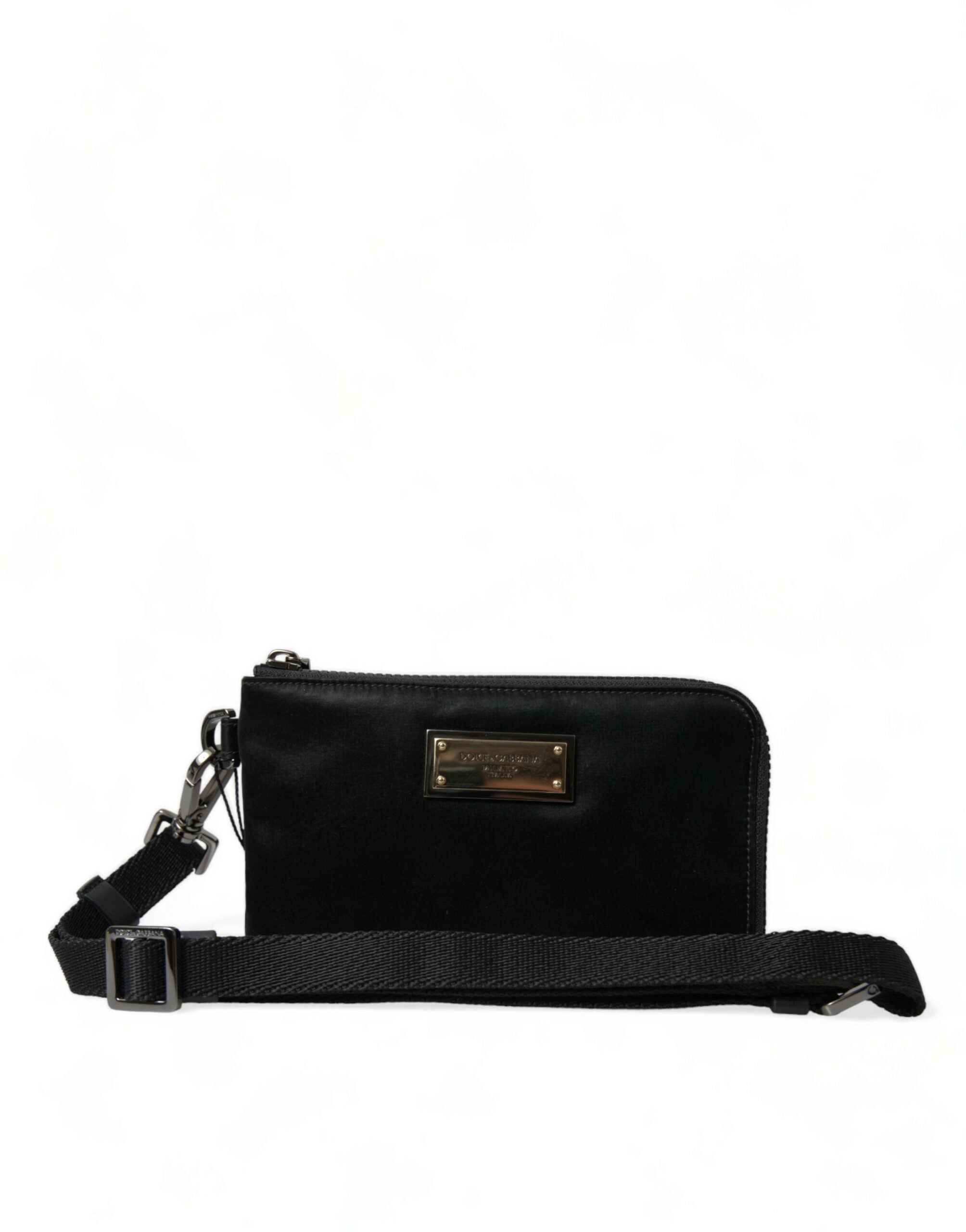 Elegant black nylon leather bag with silver details
