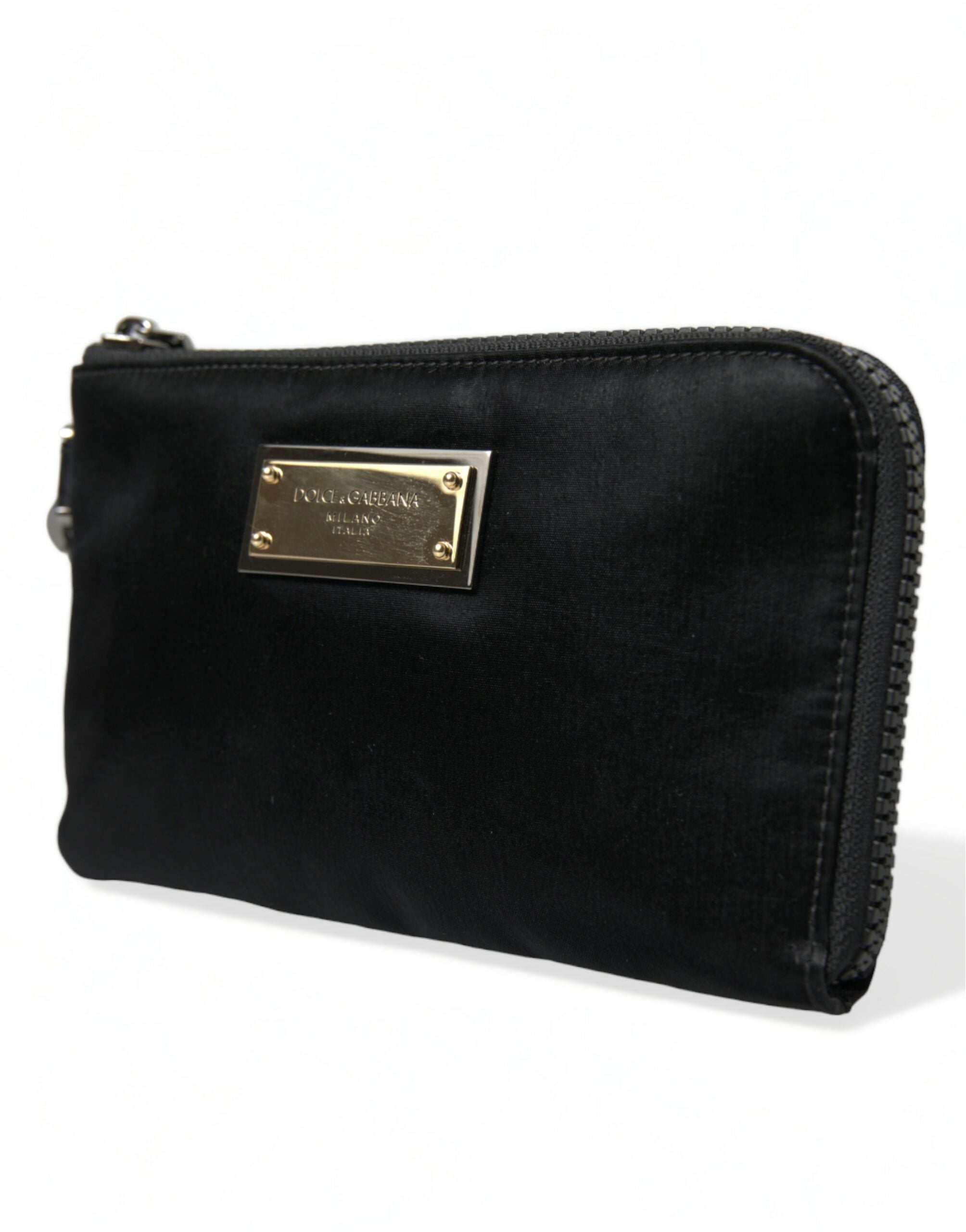 Elegant black nylon leather bag with silver details