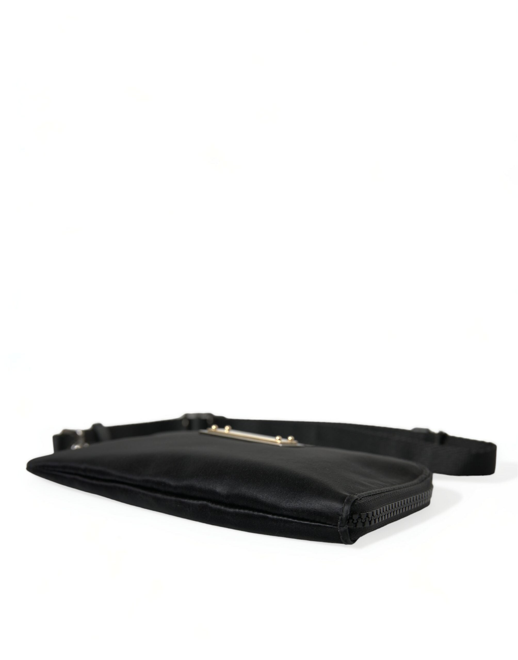 Elegant black nylon leather bag with silver details
