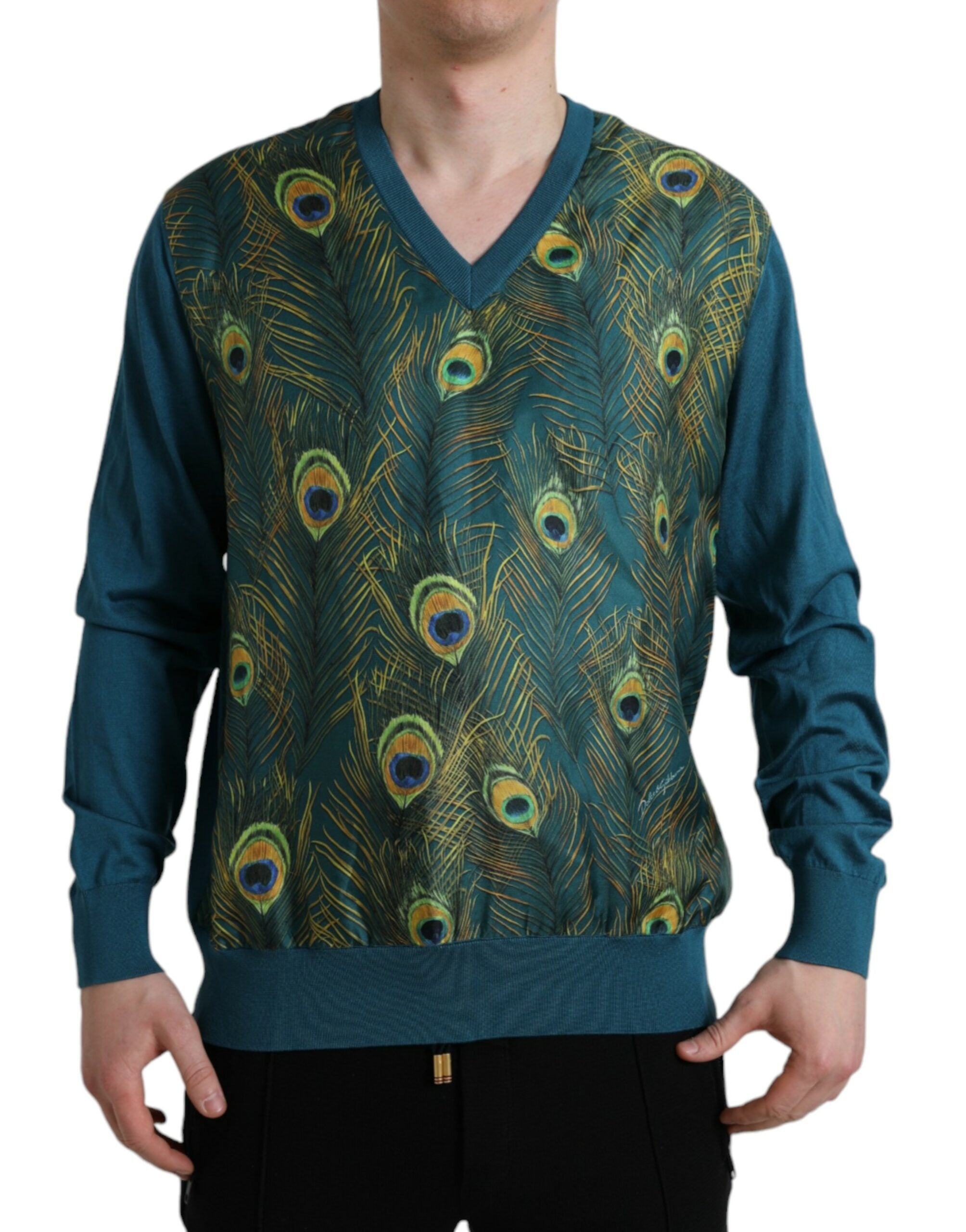 Silk V-neck sweater with peacock feathers