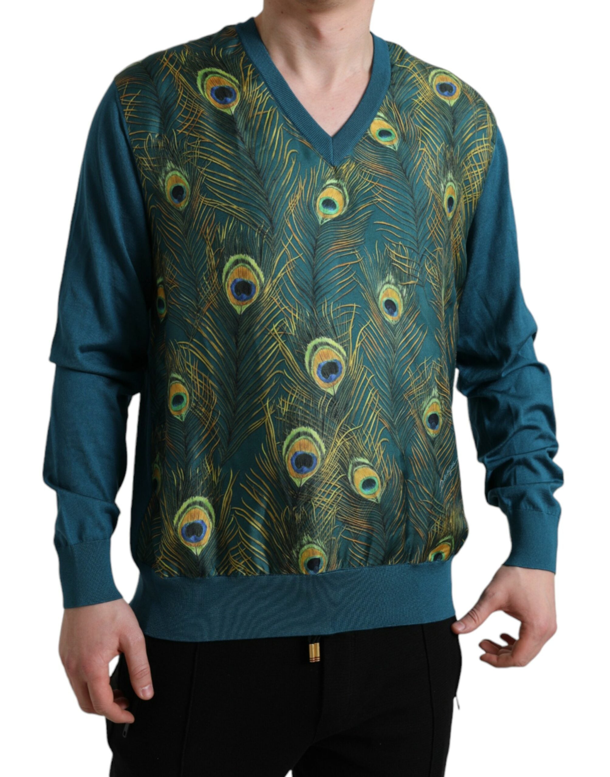 Silk V-neck sweater with peacock feathers