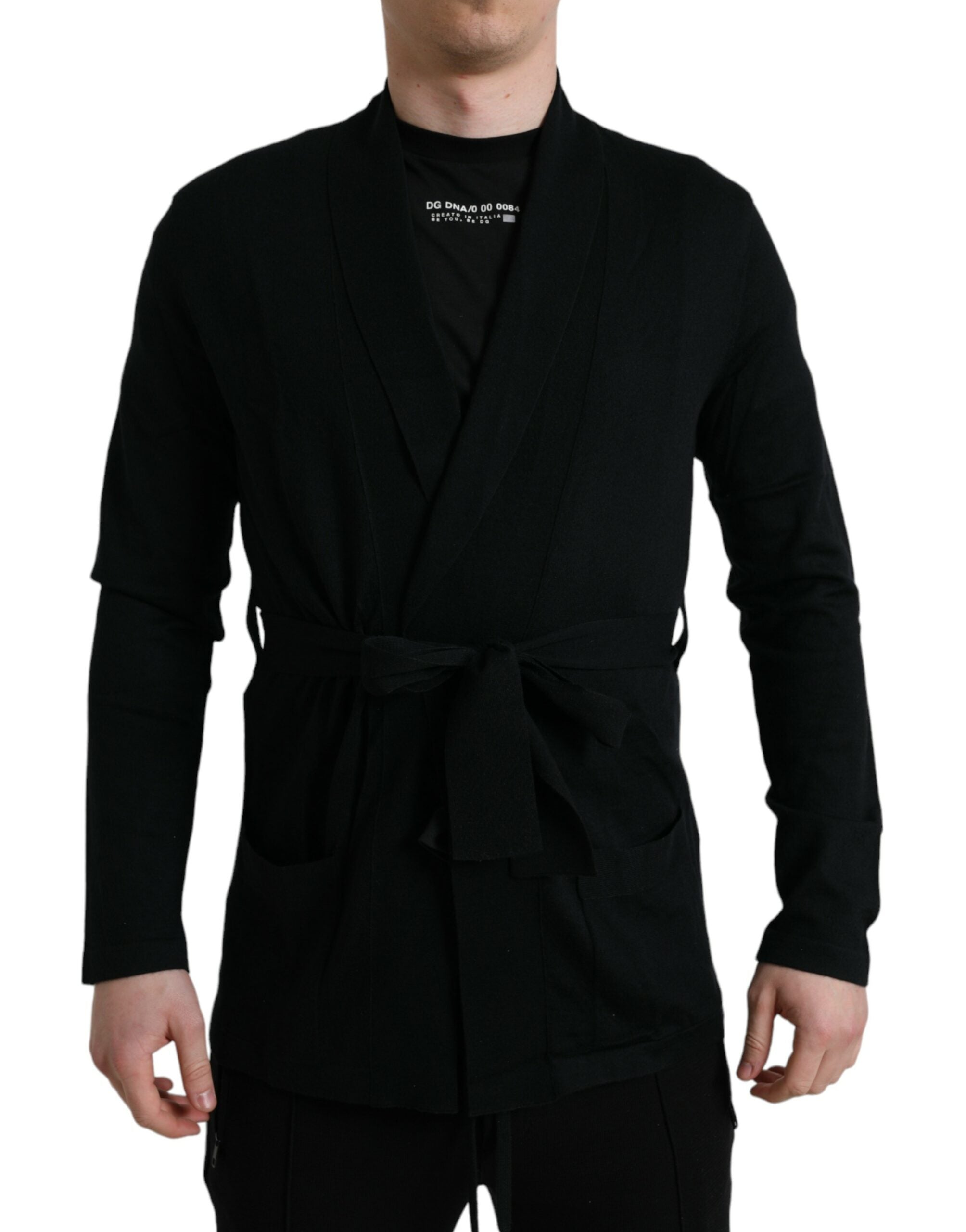 Elegant black cashmere bathrobe with waist belt