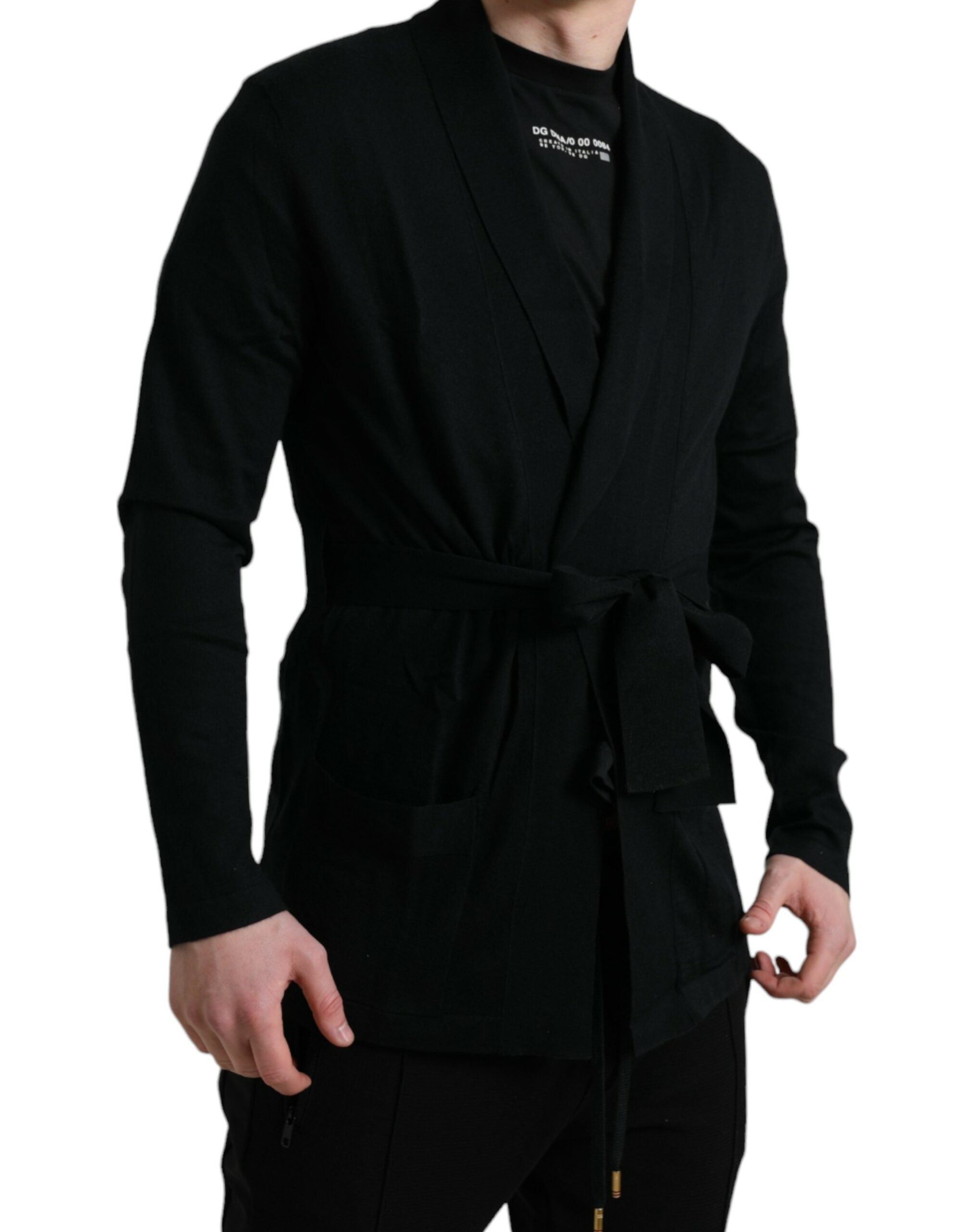 Elegant black cashmere bathrobe with waist belt