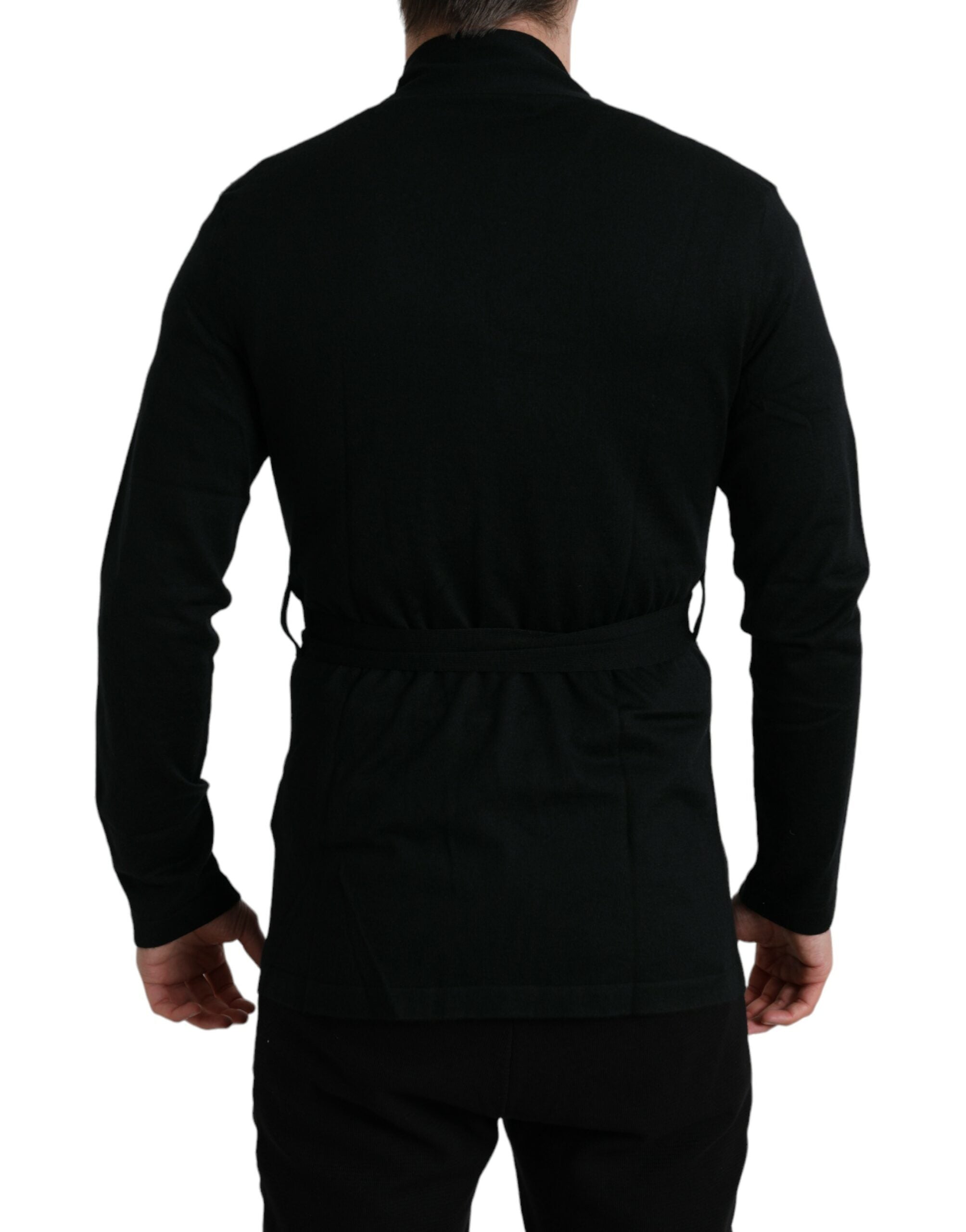 Elegant black cashmere bathrobe with waist belt