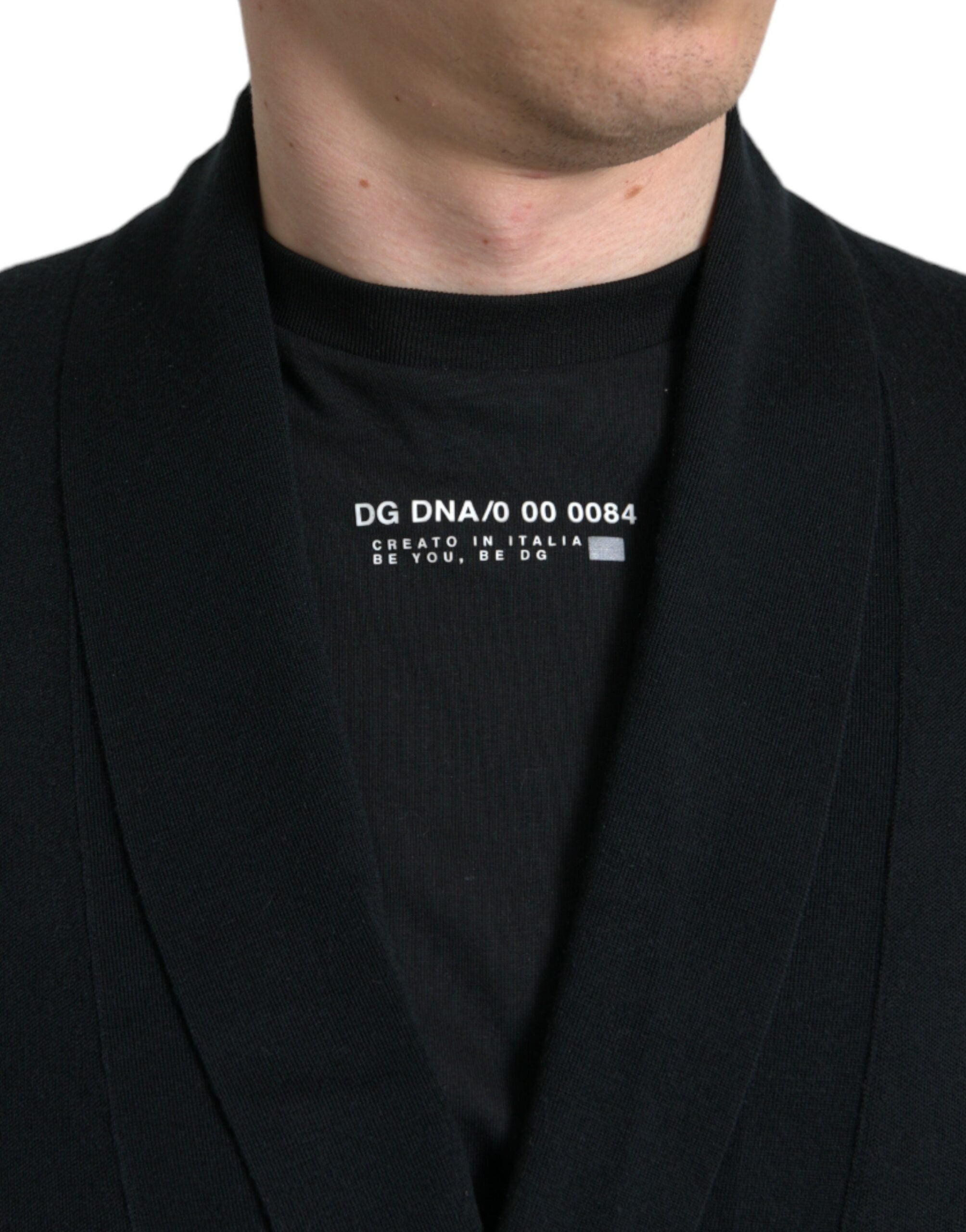 Elegant black cashmere bathrobe with waist belt