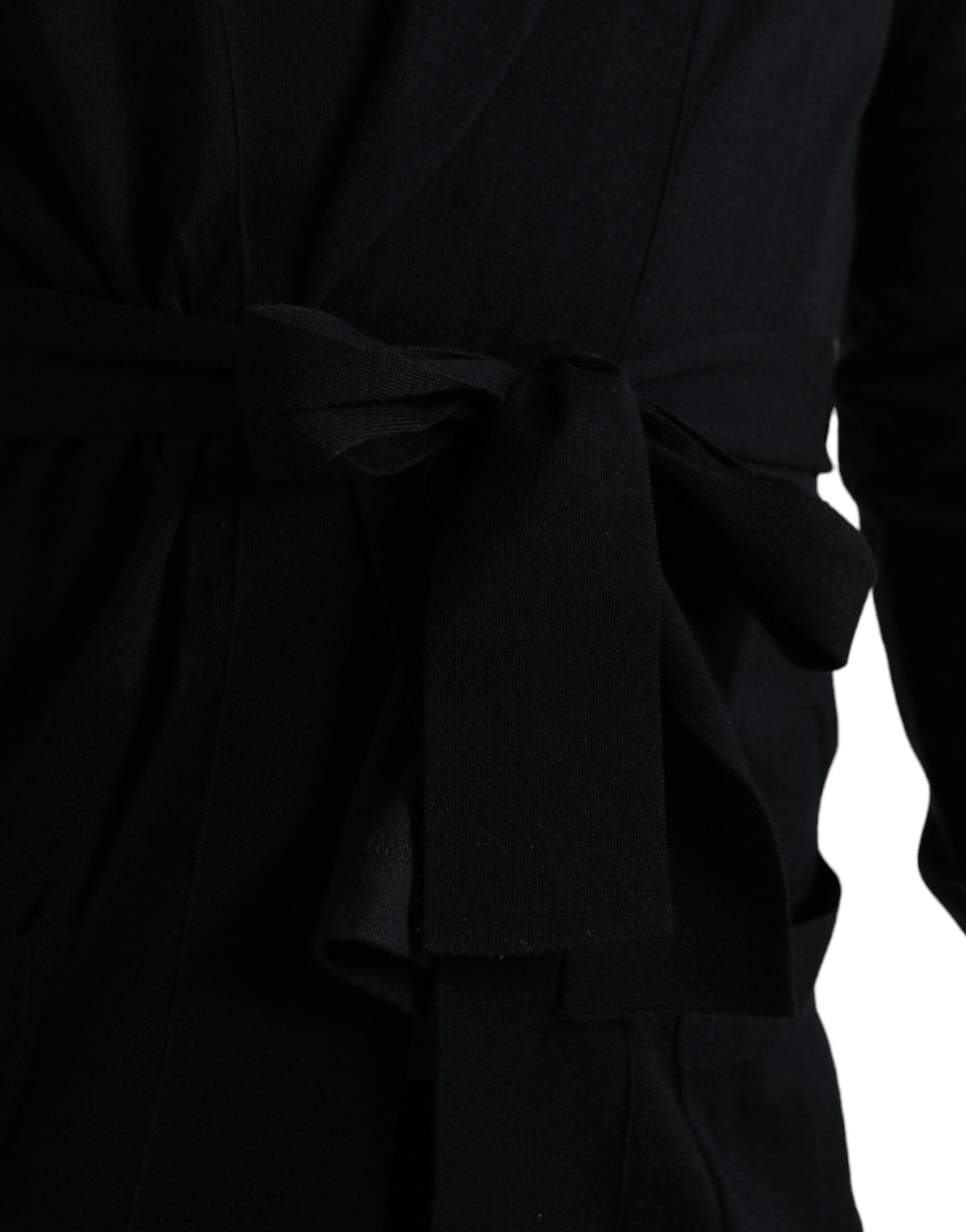 Elegant black cashmere bathrobe with waist belt