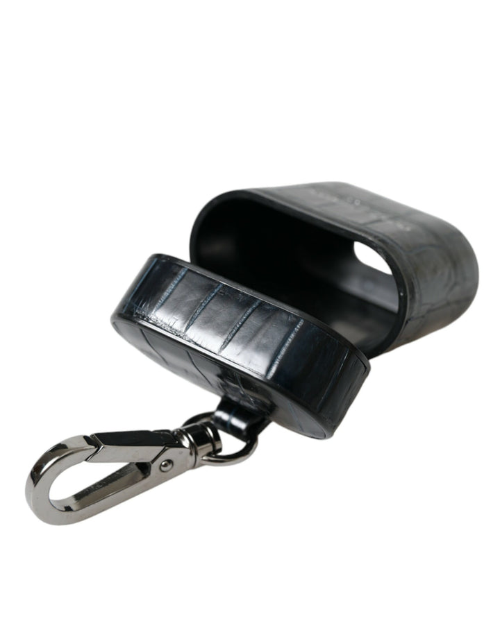 Schwarzes Krokodilleder Silber Metall Logo Airpods Etui