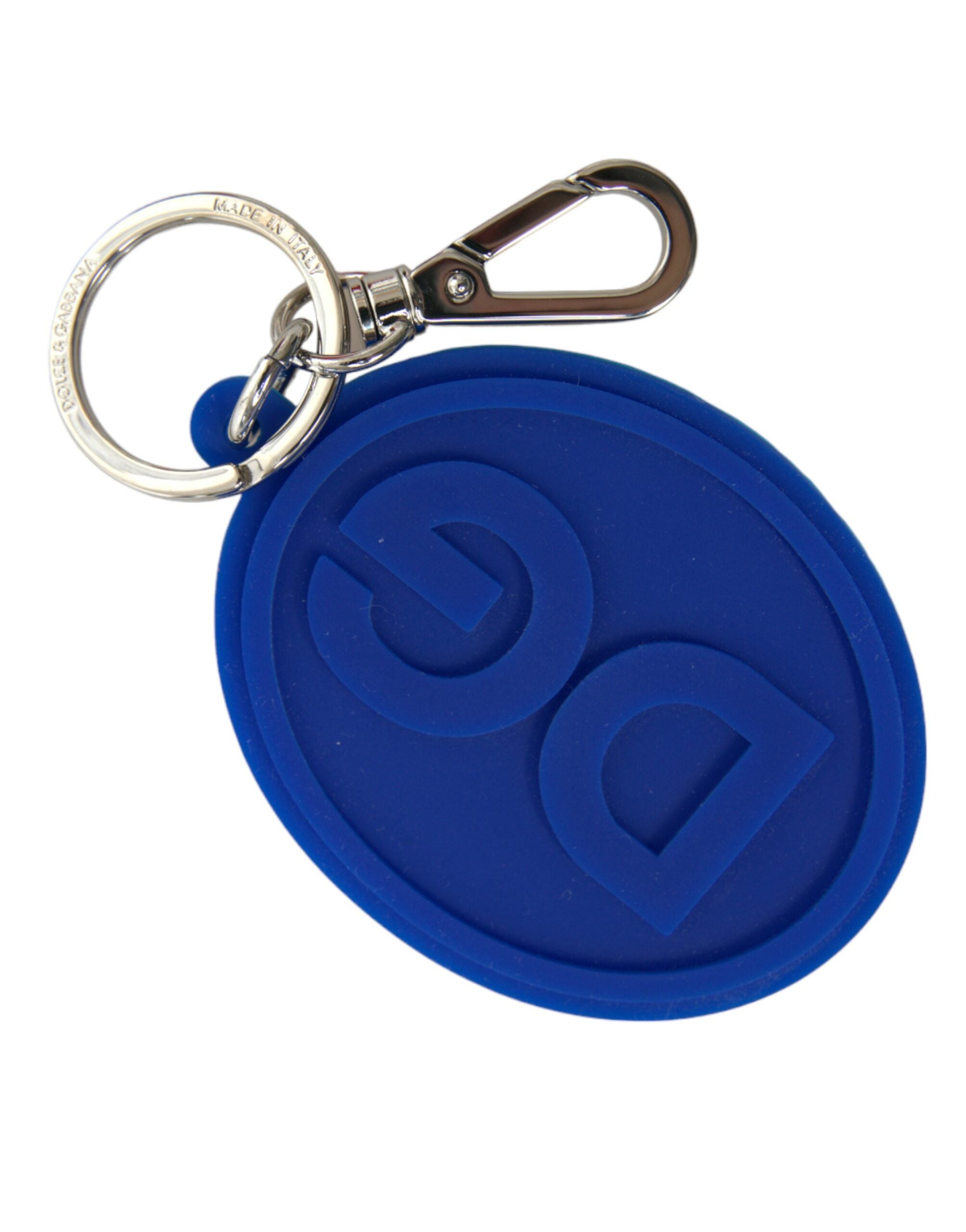 Elegant blue rubber keychain with brass accents
