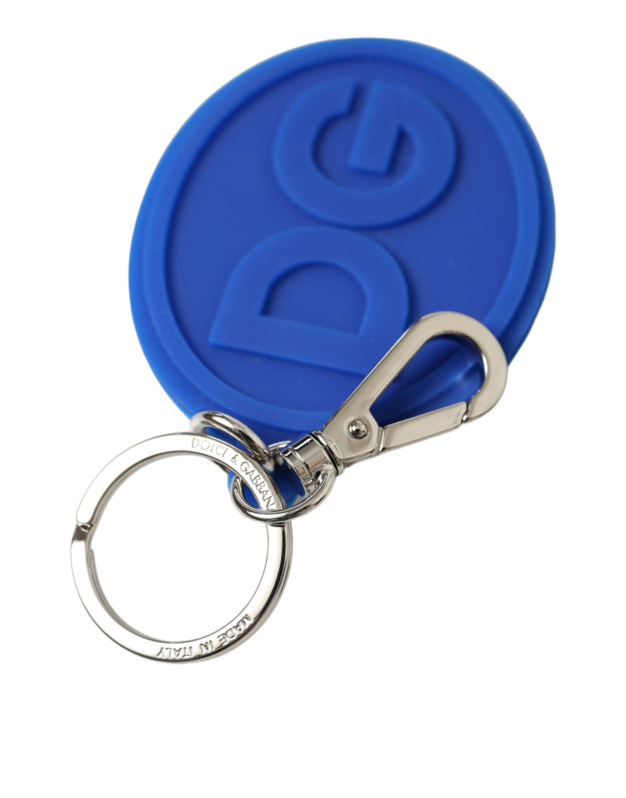 Elegant blue rubber keychain with brass accents