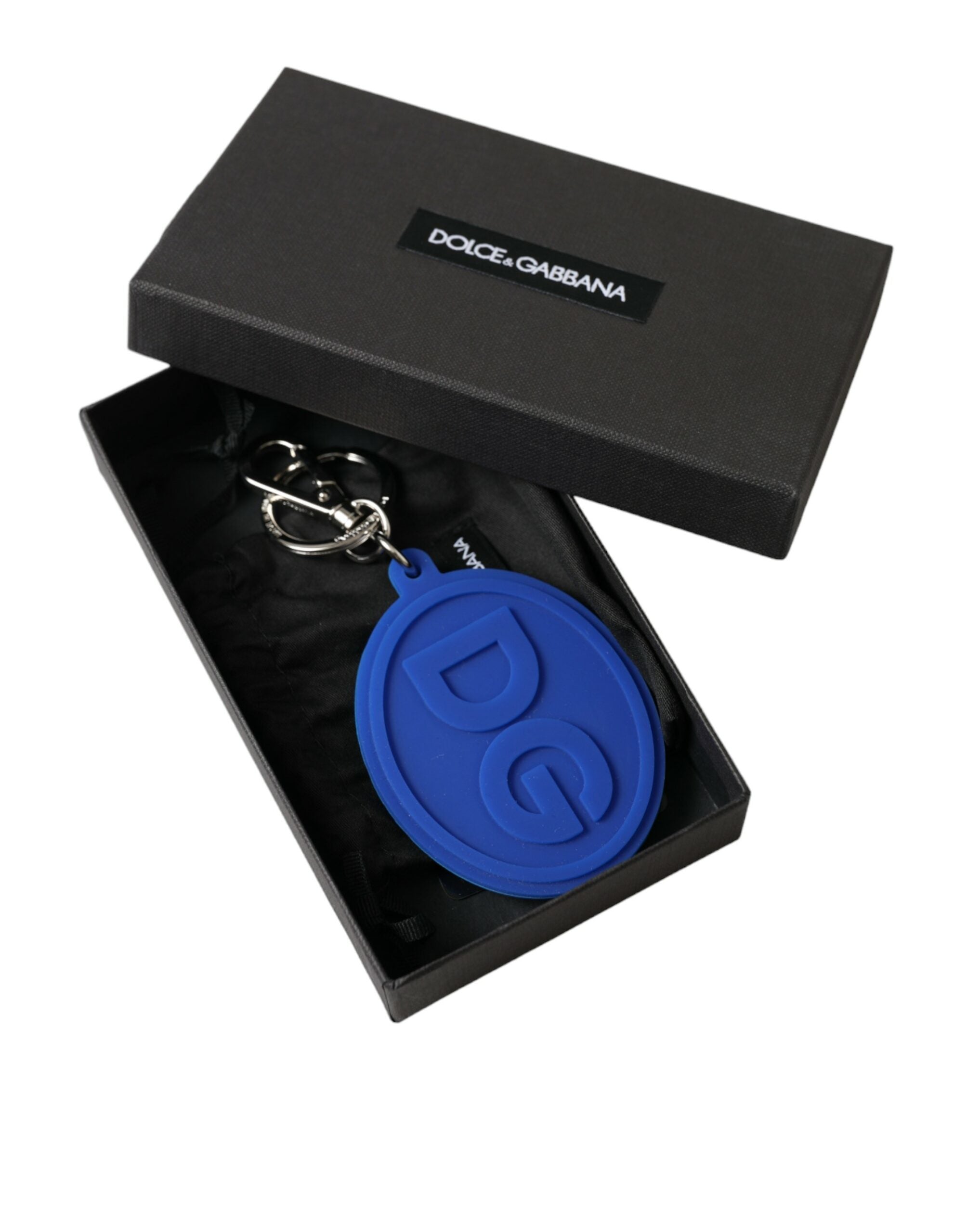 Elegant blue rubber keychain with brass accents
