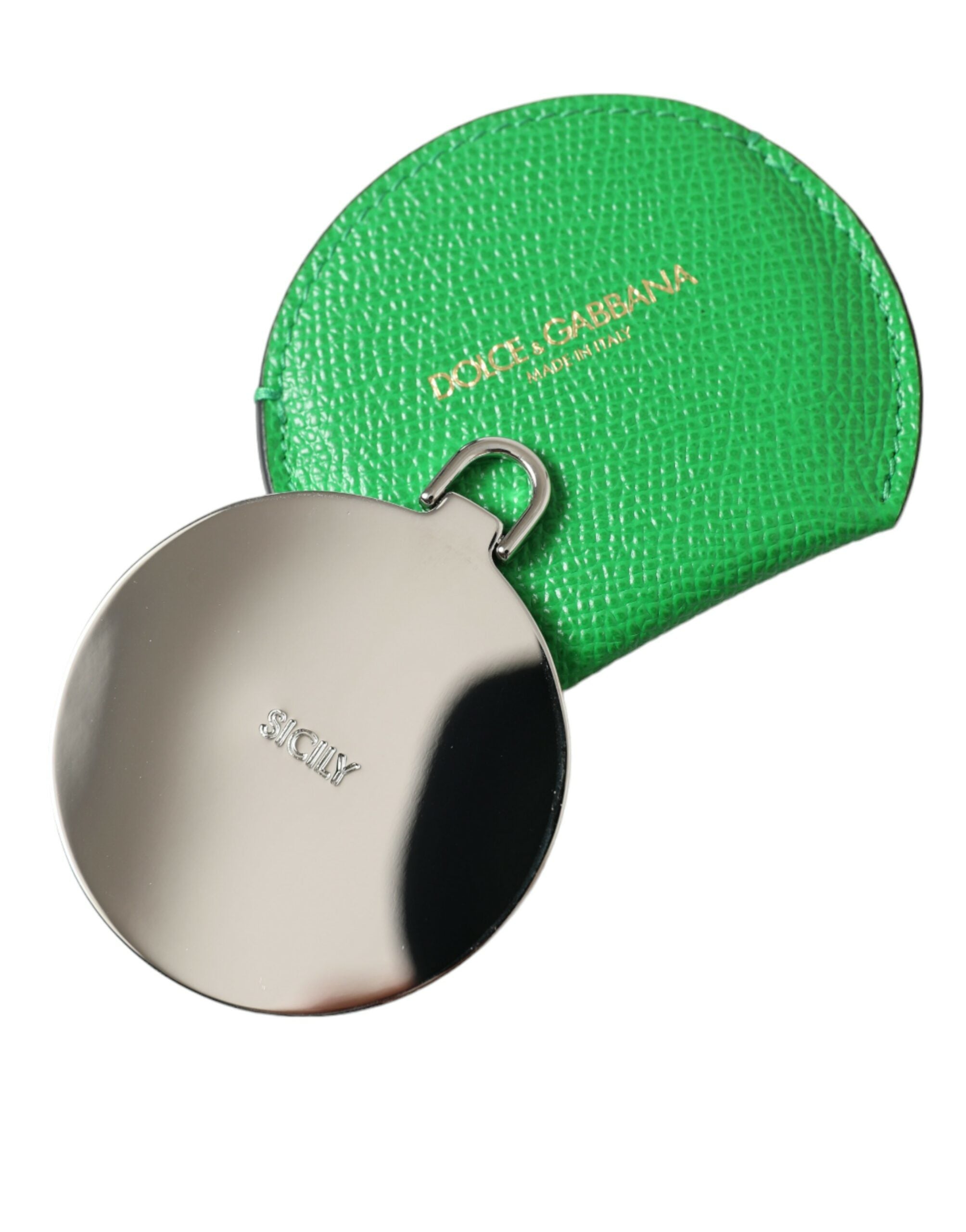 Emerald-colored leather hand mirror holder