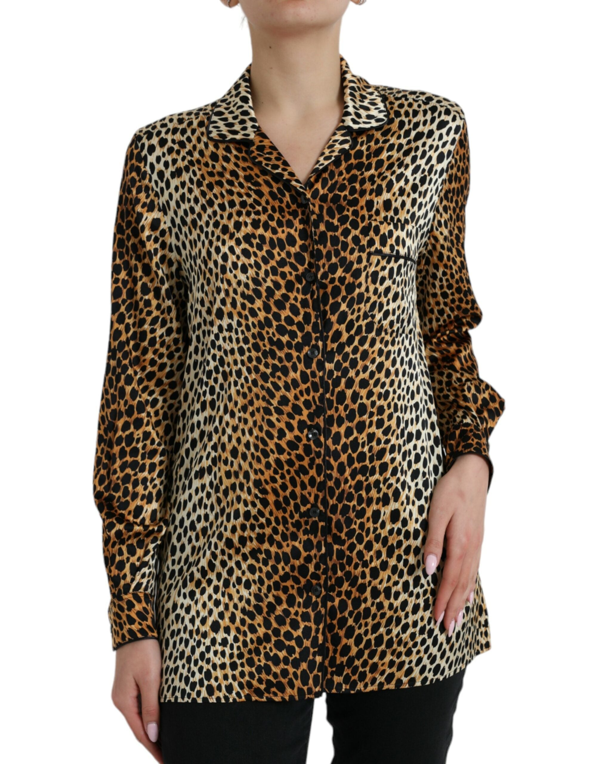 Elegant brown silk blouse with animal print