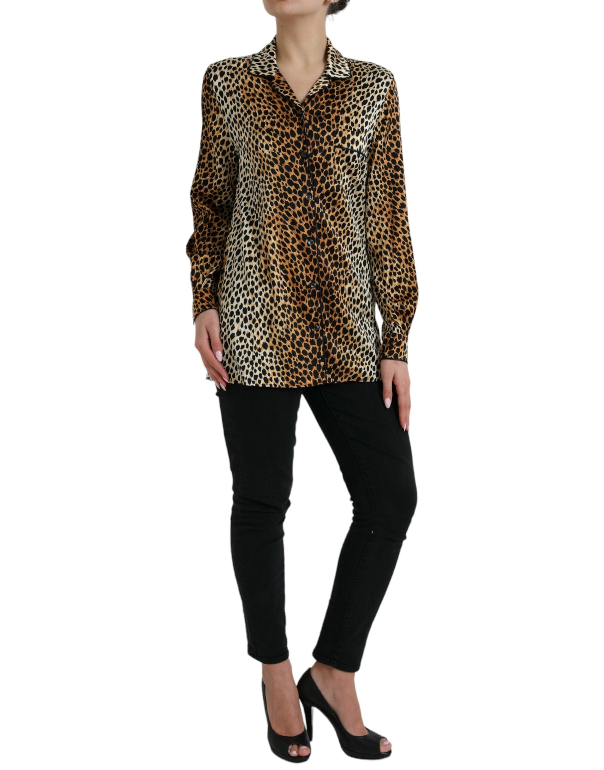 Elegant brown silk blouse with animal print