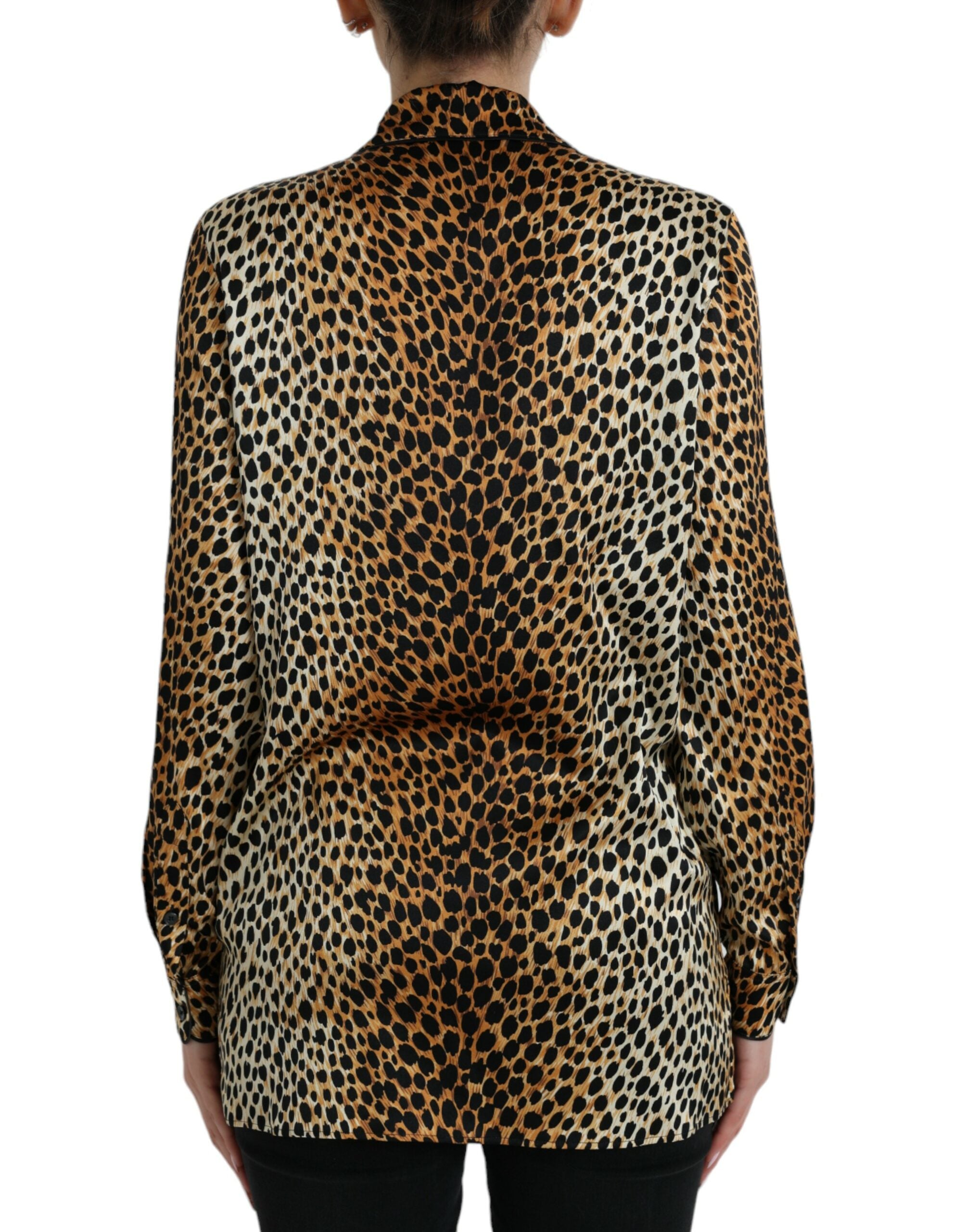 Elegant brown silk blouse with animal print