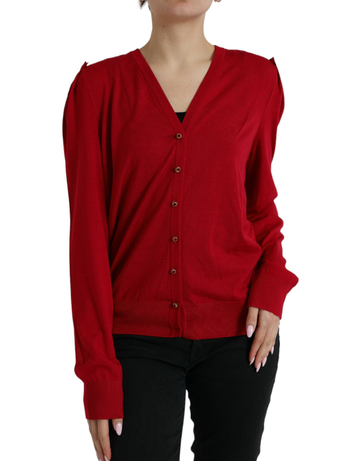 Roter Wollpullover mit V-Ausschnitt und Knopfleiste