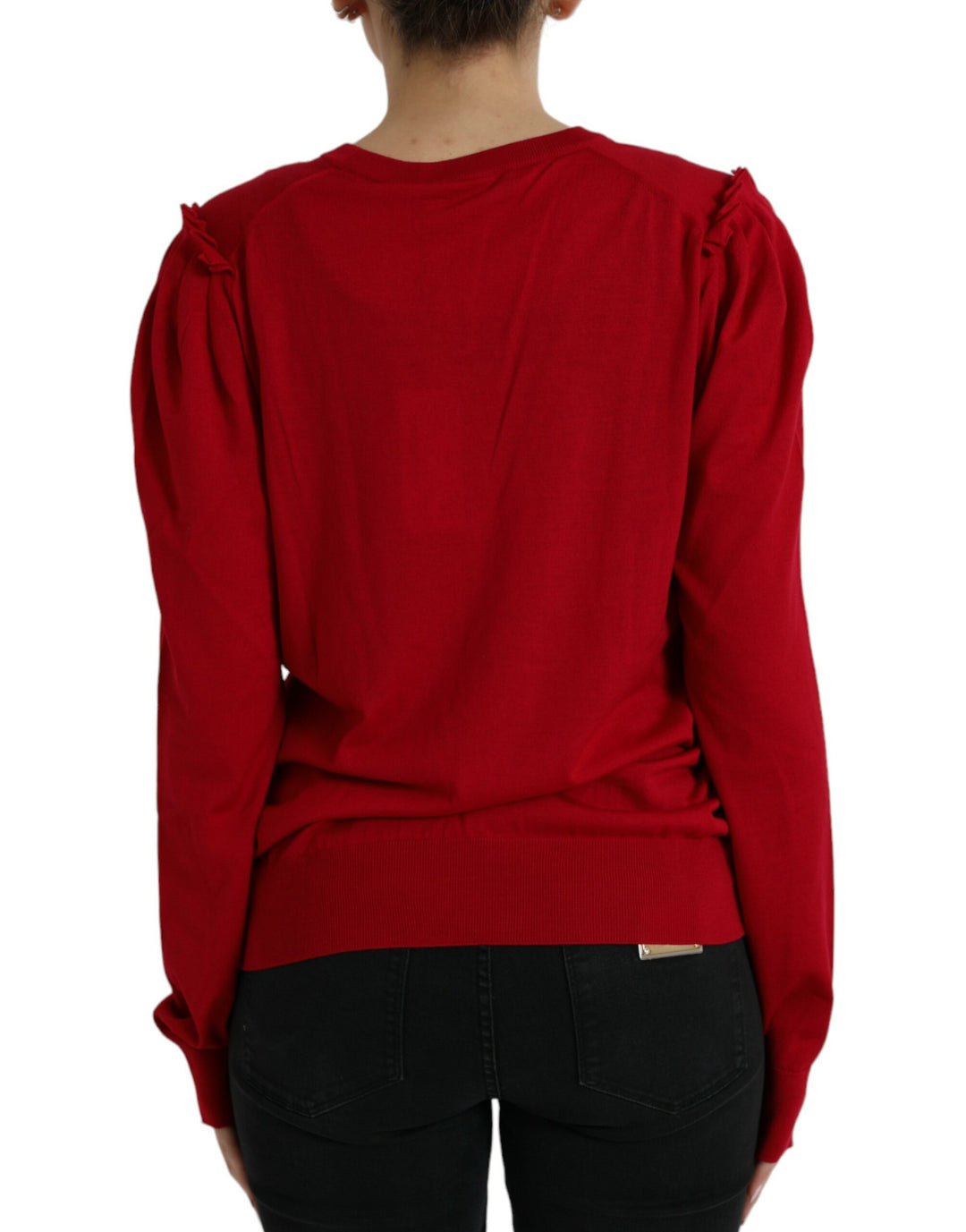 Roter Wollpullover mit V-Ausschnitt und Knopfleiste