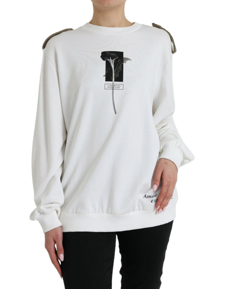 Weißer geblümter Rundhals-Pullover aus Baumwolle