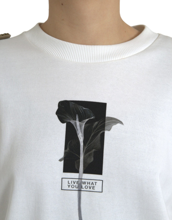 Weißer geblümter Rundhals-Pullover aus Baumwolle
